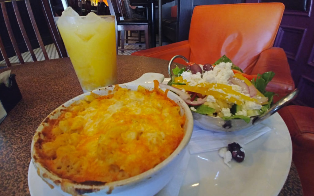 Five Cheese Macaroni with Greek Salad and a Groupie Grind Mocktail at Bentley's