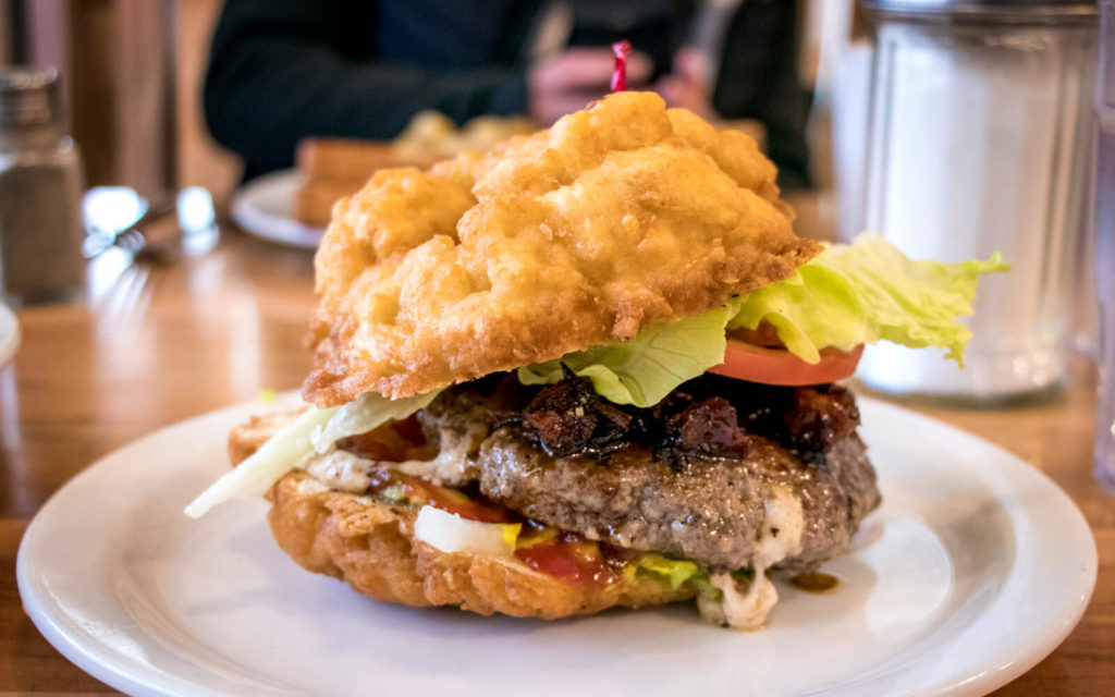 The Growling Grizzly Burger on a Scone at Chummy's in Sault Ste Marie